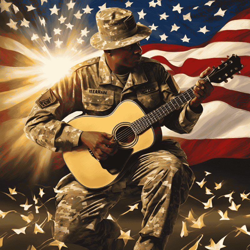 A U.S. Army veteran playing guitar with musical notes surrounding him, set against the backdrop of a waving American flag, symbolizing the healing power of music therapy for veterans with PTSD.
